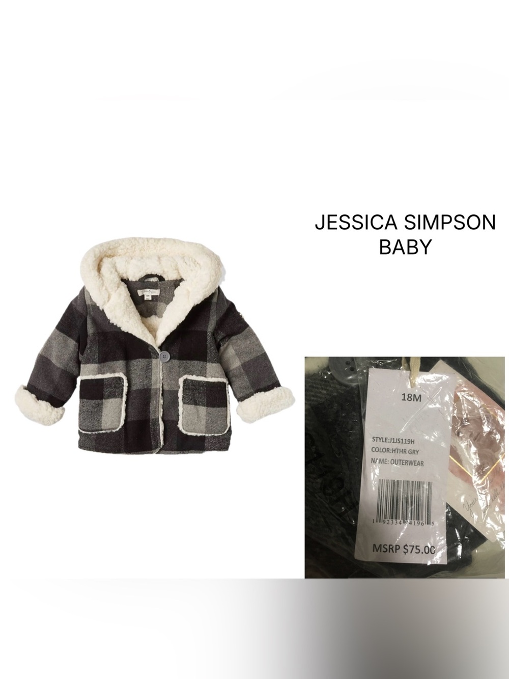 JESSICA SIMPSON BABY - 18M - NWT - BLACK GREY PLAID SHERPA COAT / JACKET
